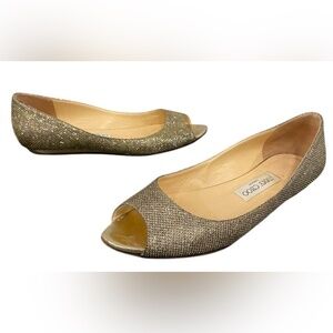 Jimmy Choo Peep Toe Ballet Flats Gold Glitter Fair Metallic Sparkle sz 39  8-8.5